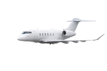 White modern corporate jet plane flying isolated