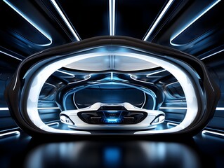 Futuristic Spaceship Interior Bathed in Glowing White and Blue Lights Showcasing Sleek Design and Advanced Technology