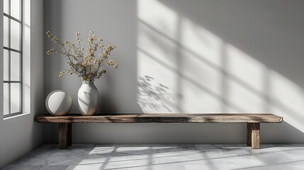 Minimalistic interior design featuring a wooden bench, a vase with branches, and decorative spheres under natural lighting with shadows cast on the wall. 