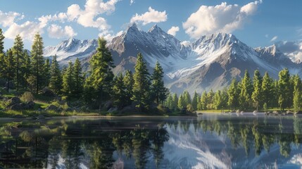 Fototapeta na wymiar A tranquil mountain lake reflecting the rugged peaks that surround it, a serene mirror of nature's majesty.