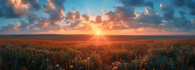 Panoramic view of a serene field with wildflowers at sunset under a majestic sky. 