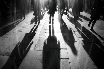 A striking black and white photograph captures the bustling motion of city life as long shadows and silhouetted figures stretch across a sunlit urban sidewalk.