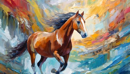 Abstract oil painting, running horse on water, color splash fro the water, mural, art wall. - obrazy, fototapety, plakaty