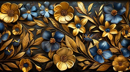 An intricate floral pattern with 3D golden and blue flowers on a dark background symbolizing luxury and elegance. 