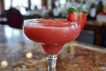 Refreshing strawberry margarita garnished with a fresh strawberry on a bar counter