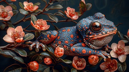 A vividly colored, digitally illustrated blue frog resting on a branch with orange flowers on a dark background.  - obrazy, fototapety, plakaty