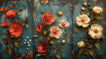 Vibrant floral artwork with red and white flowers on a rustic blue background perfect for elegant designs and decor. 