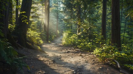 A tranquil outdoor running trail winding through lush forest scenery, with dappled sunlight...