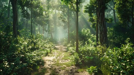 A tranquil outdoor running trail winding through lush forest scenery, with dappled sunlight filtering through the trees and providing the perfect backdrop for a rejuvenating workout.