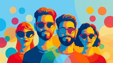 Modern, colorful portrait of woman and men in flat style