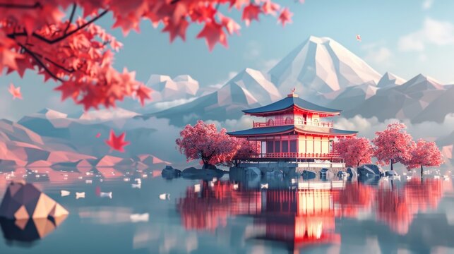 A low poly 3D image beautifully captures the essence of Japan's landscape in polygon form