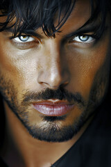 Intense close-up of a handsome tan male model with piercing blue eyes and tousled hair, with strong gaze