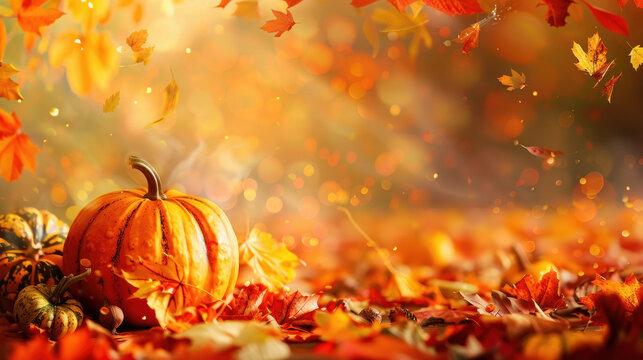 Autumn Harvest: Pumpkin Amidst a Blaze of Fall Foliage