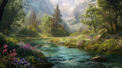 Foto auf Leinwand A tranquil river flowing gently through a verdant valley, its banks lined with towering trees and colorful wildflowers. © sania