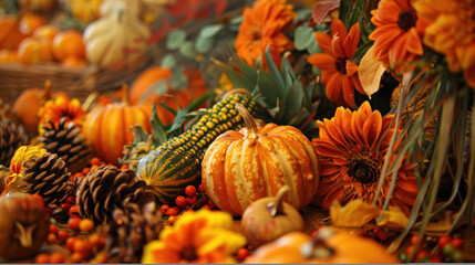 Autumn harvest arrangement with pumpkins and fall flowers.