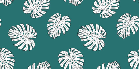 Green tropical vector seamless pattern with black and white monstera leaves. Pattern for textiles, packaging paper, wallpaper, covers and cases.