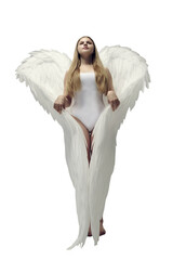 a romantic angel girl in a white bodysuit with white wings poses standing waving her wings in a...