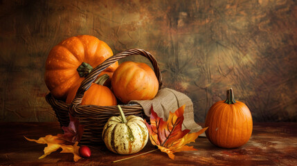 Autumn Harvest: Pumpkins in a Rustic Basket with Fall Leaves