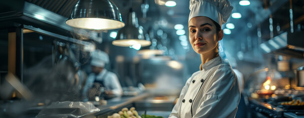 Woman chef cook at the kitchen with proud face - obrazy, fototapety, plakaty