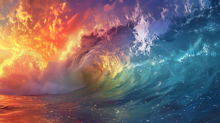 Rainbow wave abstract features vibrant ocean, sky textures