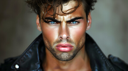 Brooding male model with furrowed brow and piercing blue eyes, wearing a black leather jacket