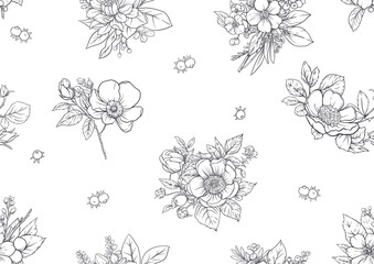 Boutonniere of wild rose flowers and berries Seamless pattern, background. Outline hand drawing vector illustration. In botanical style