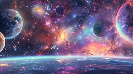 A vibrant cosmic panorama featuring a colorful array of stars, planets, and nebulae, captured in exquisite detail by an advanced space observatory. - obrazy, fototapety, plakaty