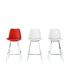 Three chairs with red and white seats in a row