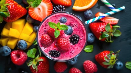 A vibrant fruit smoothie, blended to perfection with a medley of fresh berries, tropical fruits, and creamy yogurt, bursting with vitamins and antioxidants. - obrazy, fototapety, plakaty
