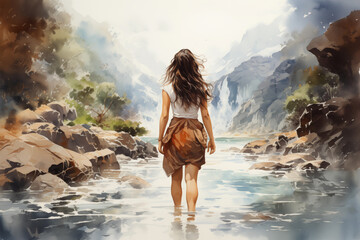 Woman wading through a serene mountain river, contemplating nature.
