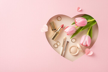 Mother's Day sophistication: Top view of tulips, makeup brushes, lipstick, eyeshadow, gold jewelry,...