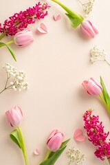 Stylish Mother's Day concept: Vertical top view of tulips, hyacinths, tender gypsophila, and paper hearts on a soft beige surface. Great for adding greeting text or advertising messages