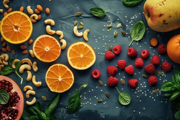 Fresh citrus fruits, berries, and nuts artistically arranged on a dark surface, embodying vitality and health - obrazy, fototapety, plakaty