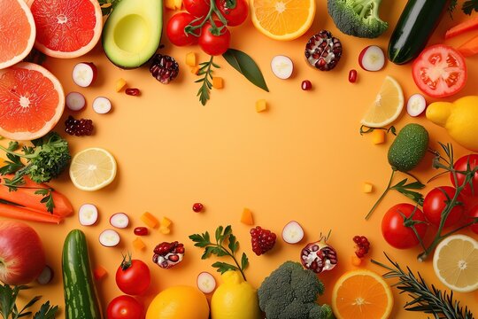Colorful flat lay of diverse fruits and vegetables on a warm yellow background, showcasing a healthy diet