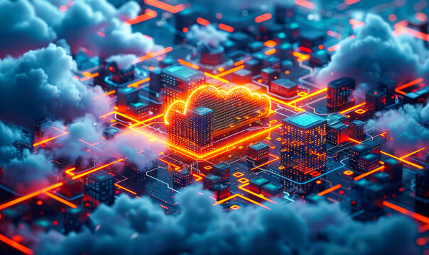 Futuristic 3D illustration of a server farm with glowing connections in a cloud computing network, representing the concept of serverless computing and Function as a Service (FaaS) architecture