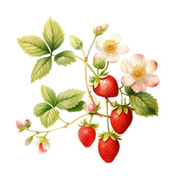 Botanical illustration of strawberry plants with ripe berries and flowers in watercolor style