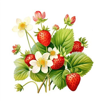 Botanical illustration of strawberry plants with ripe berries and flowers in watercolor style