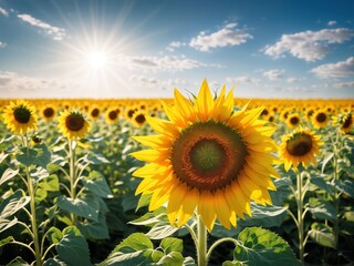 A field of blooming sunflowers with a summery blue sunny sky