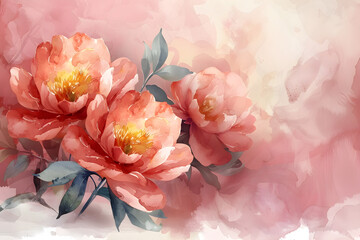 A dreamy watercolor background design featuring delicate and colorful spring peonies, perfect for romantic occasions and celebrations like Valentine's Day or weddings