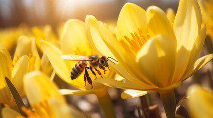 Honey bee on beautiful yellow flower collect pollen, blur background, Generative Ai - obrazy, fototapety, plakaty