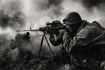 Intense Black and White Image of a Soldier in Combat Using a Rifle with a Bipod