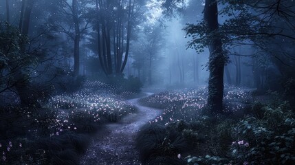 A winding forest path bathed in the soft light of dawn, leading deeper into the heart of the enchanted woodland. - obrazy, fototapety, plakaty