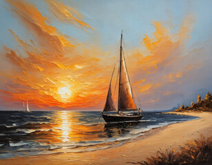 Sailing at Sunset, Colorful Sky Seascape Painting