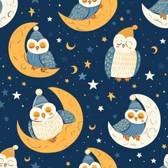 Sleepy owls in nightcaps perched on crescent moons amidst stars and night skies, forming a tranquil seamless pattern, perfect for bedroom wallpaper or calming textile designs. - obrazy, fototapety, plakaty