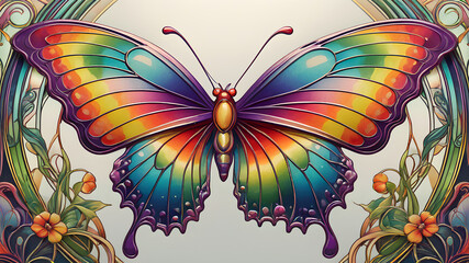 butterfly in Art Nouveau style. illustration of colorful butterfly on white background	
