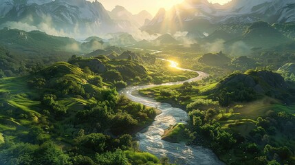 A winding river carving its way through a sunlit valley, its waters a lifeline for the diverse flora and fauna that call its banks home.
