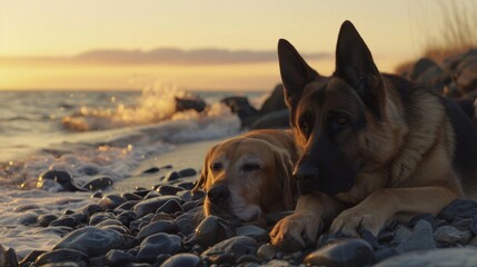 In the warm embrace of the setting sun, a German Shepherd and Labrador Retriever exude tranquility while resting on a pebble-strewn beach, their bond transcending the gentle lapping of nearby waves.