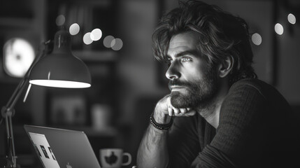 man trapped in his thoughts, thoughtful about the future reflecting and organizing his ideas in his complex mind