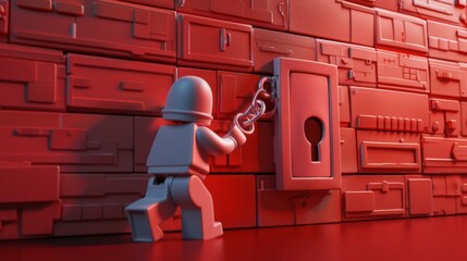 A simplistic, clay-rendered figure embodies cyber vulnerability, attempting to breach a red, fortified database, against a matching backdrop, highlighting digital security concerns.