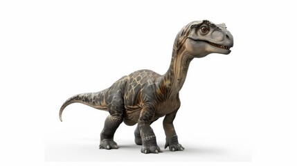 An adorable baby Apatosaurus stands with a curious gaze, its innocent eyes reflecting a bygone era of giants. ancient juvenile dinosaur against a white backdrop, evoking a sense of prehistoric wonder.